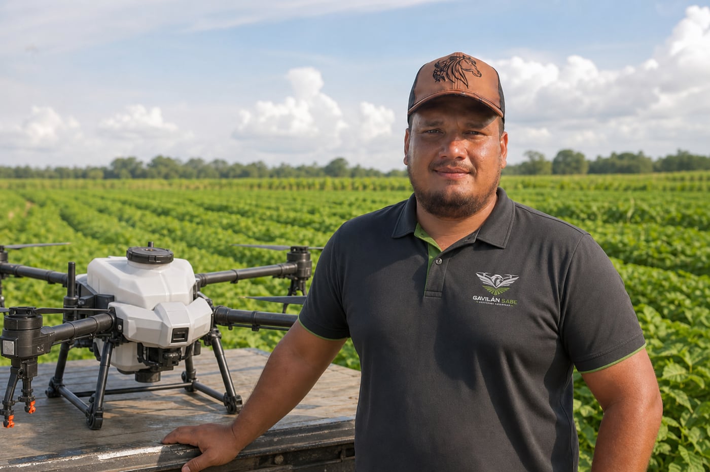 Jose Santana junto a un dron agrícola en un cultivo del Meta